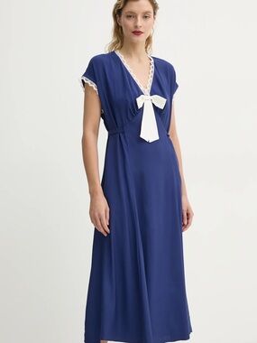Navy Blue Midi Dress with Ivory Bow and Lace Trim Medium